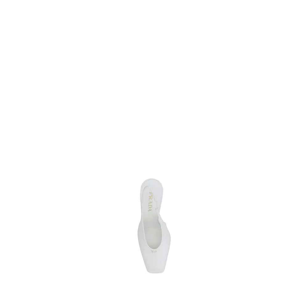 PRADA Women White Sandals 100% Leather Buckle Square Toe Slingback Heel Shoes