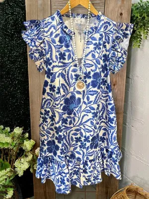 Printed V-Neck Frilled Dress