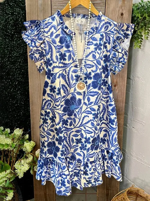 Printed V-Neck Frilled Dress