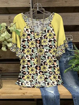 Printed V-Neck Ruffle Tee
