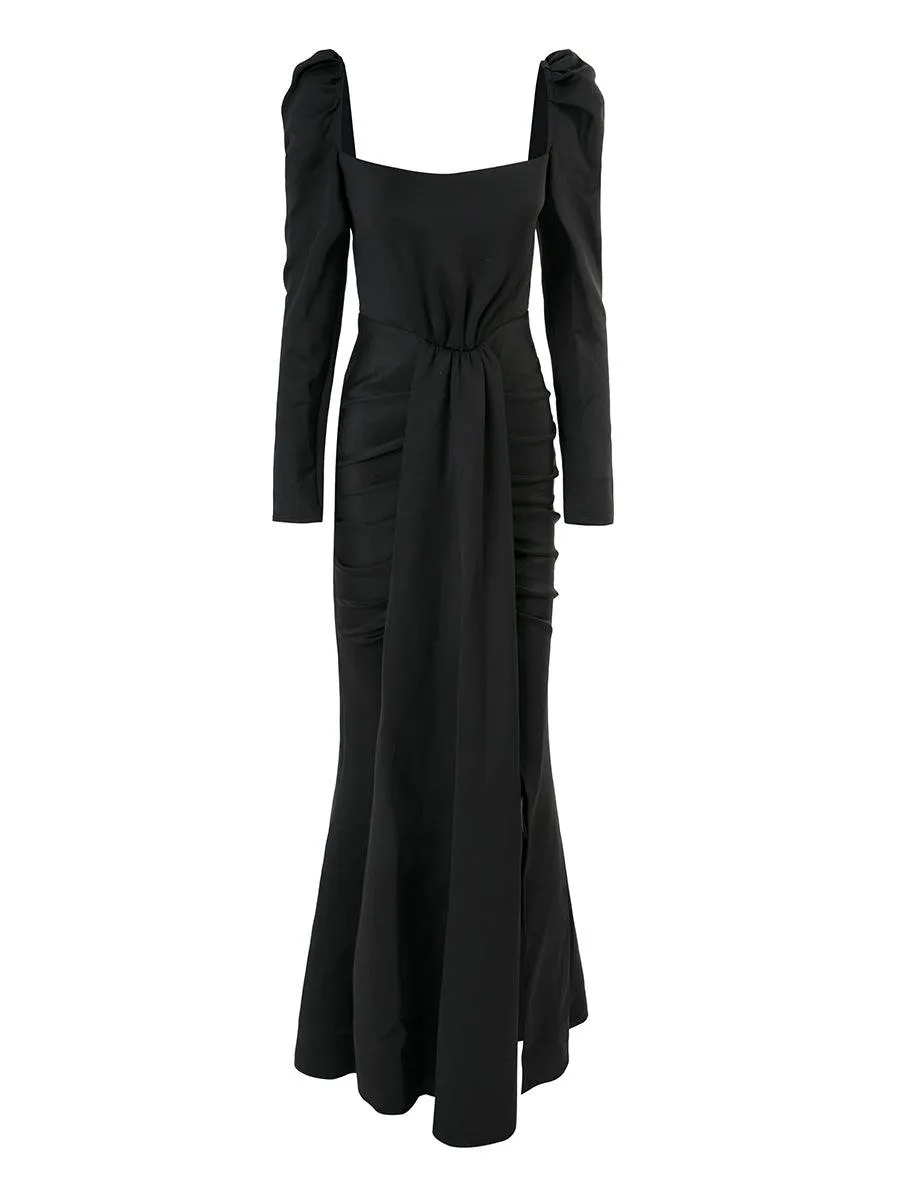 Puff Long Sleeve Split Black Mermaid Prom Dress XJ979