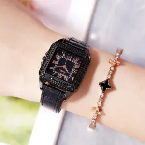 Retro Square Pattern Leather Strap Women's Watch