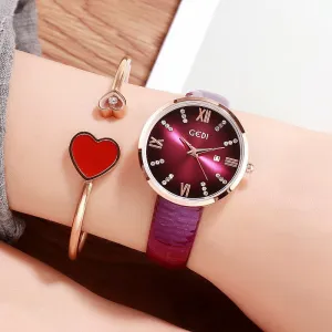 Round Dial With Calendar Leather Strap Women's Watch