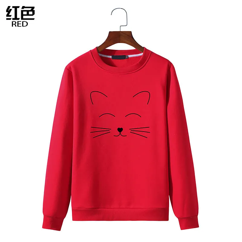 Round Neck Cat Printed Long Sleeved Sweatshirt