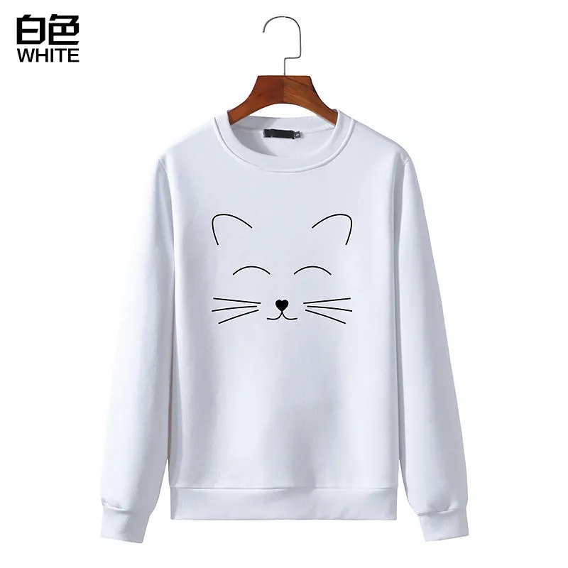 Round Neck Cat Printed Long Sleeved Sweatshirt