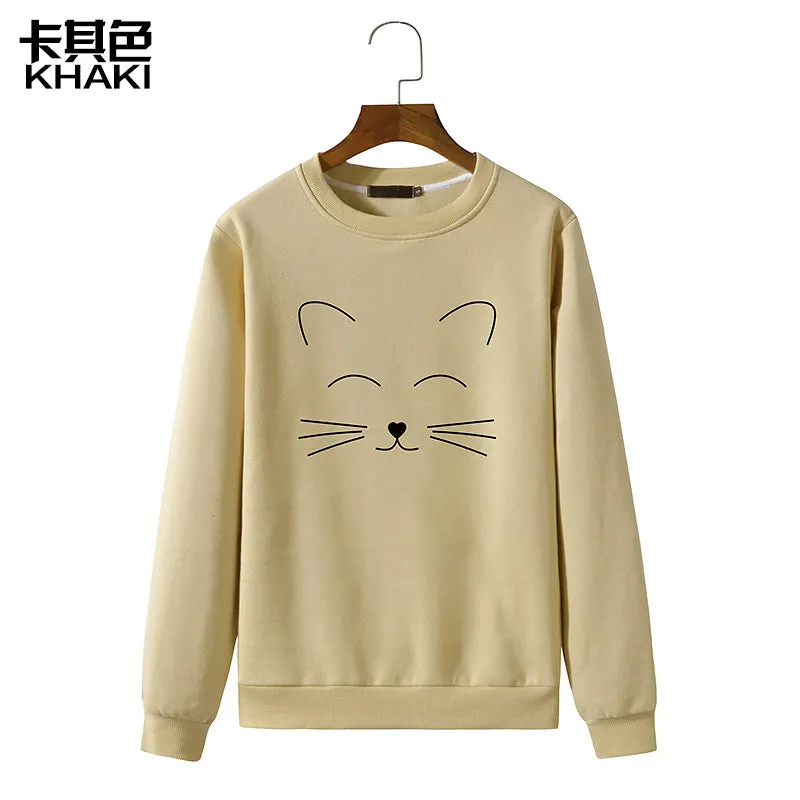 Round Neck Cat Printed Long Sleeved Sweatshirt