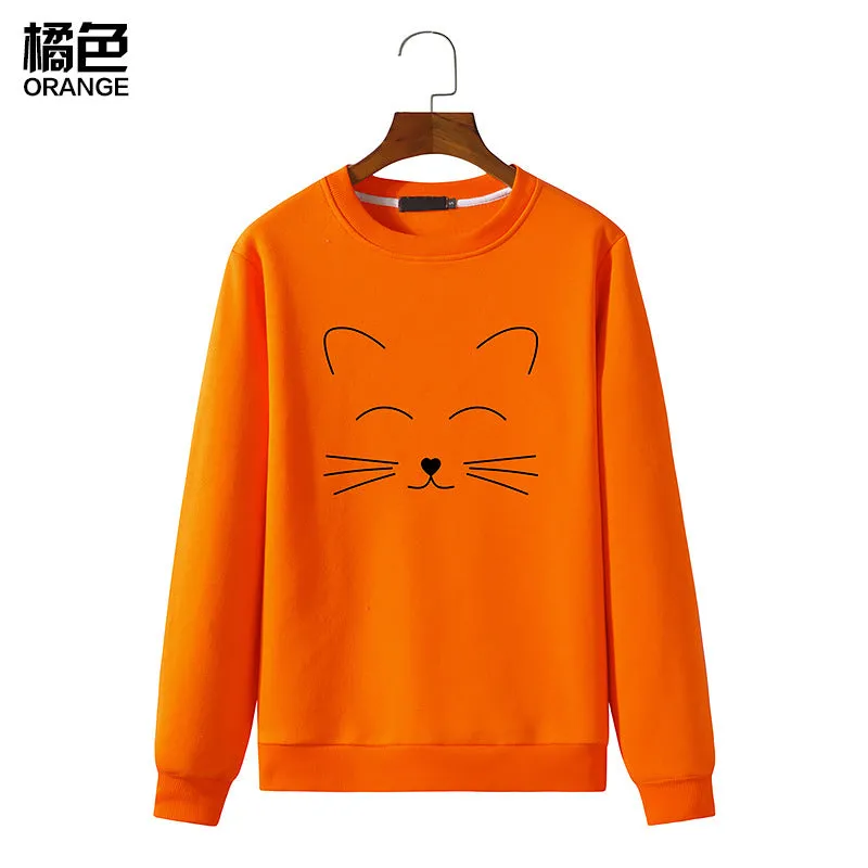Round Neck Cat Printed Long Sleeved Sweatshirt
