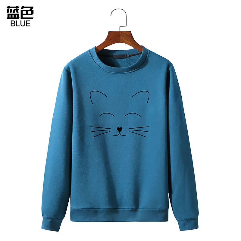 Round Neck Cat Printed Long Sleeved Sweatshirt