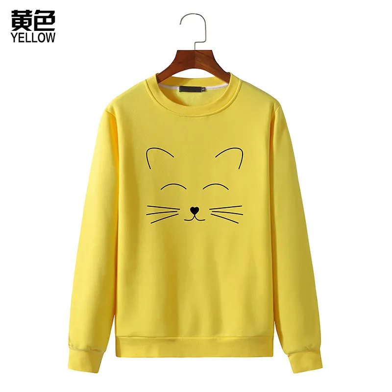 Round Neck Cat Printed Long Sleeved Sweatshirt