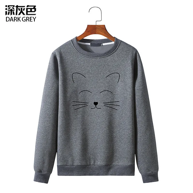 Round Neck Cat Printed Long Sleeved Sweatshirt