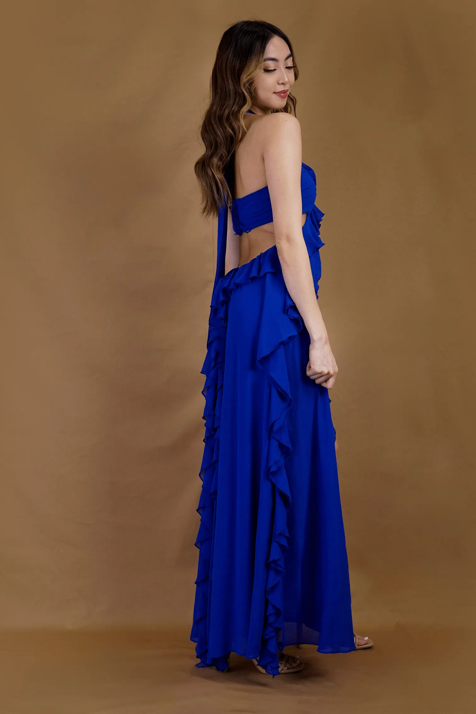 Royal Blue Halter Neck Open Back Ruffled Dress