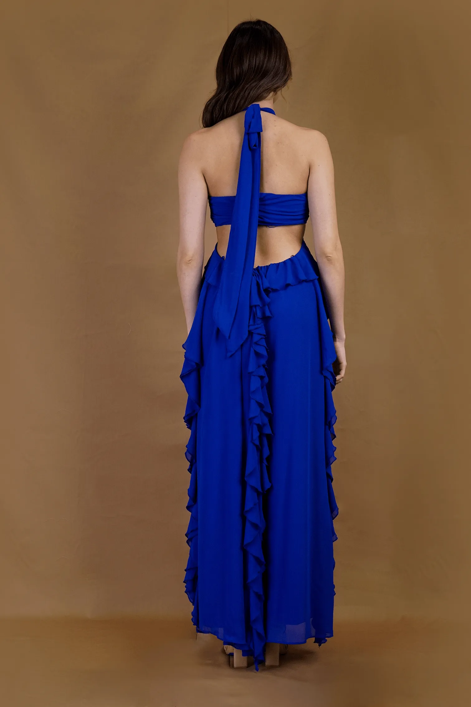 Royal Blue Halter Neck Open Back Ruffled Dress