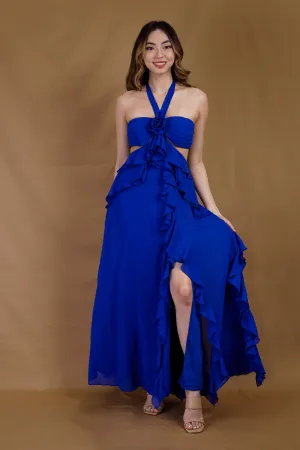 Royal Blue Halter Neck Open Back Ruffled Dress