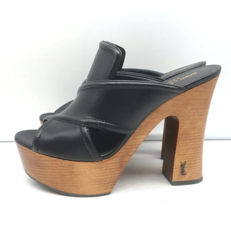 Saint Laurent Crisscross Platform Clog Sandals Black Leather Size 37