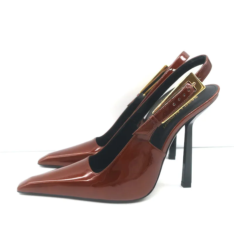 Saint Laurent Lee Slingback Pumps Chestnut Patent Leather Size 38.5 NEW