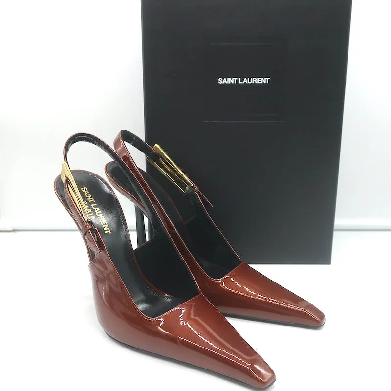 Saint Laurent Lee Slingback Pumps Chestnut Patent Leather Size 38.5 NEW