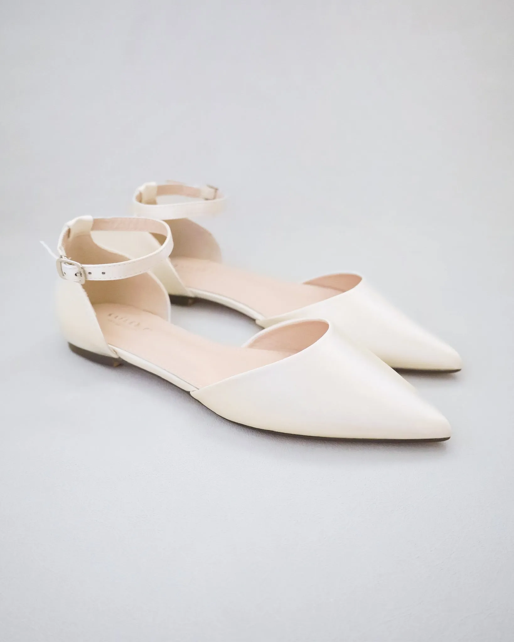 Satin Pointy Toe Flats with Ankle Strap