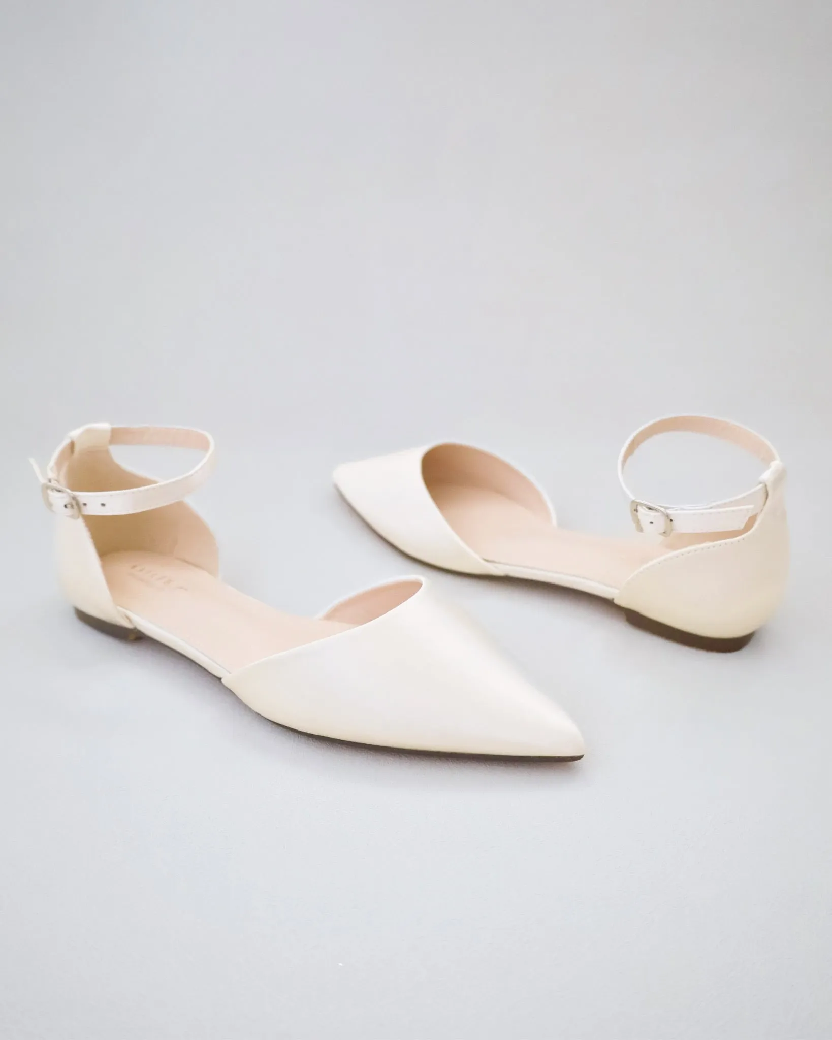Satin Pointy Toe Flats with Ankle Strap
