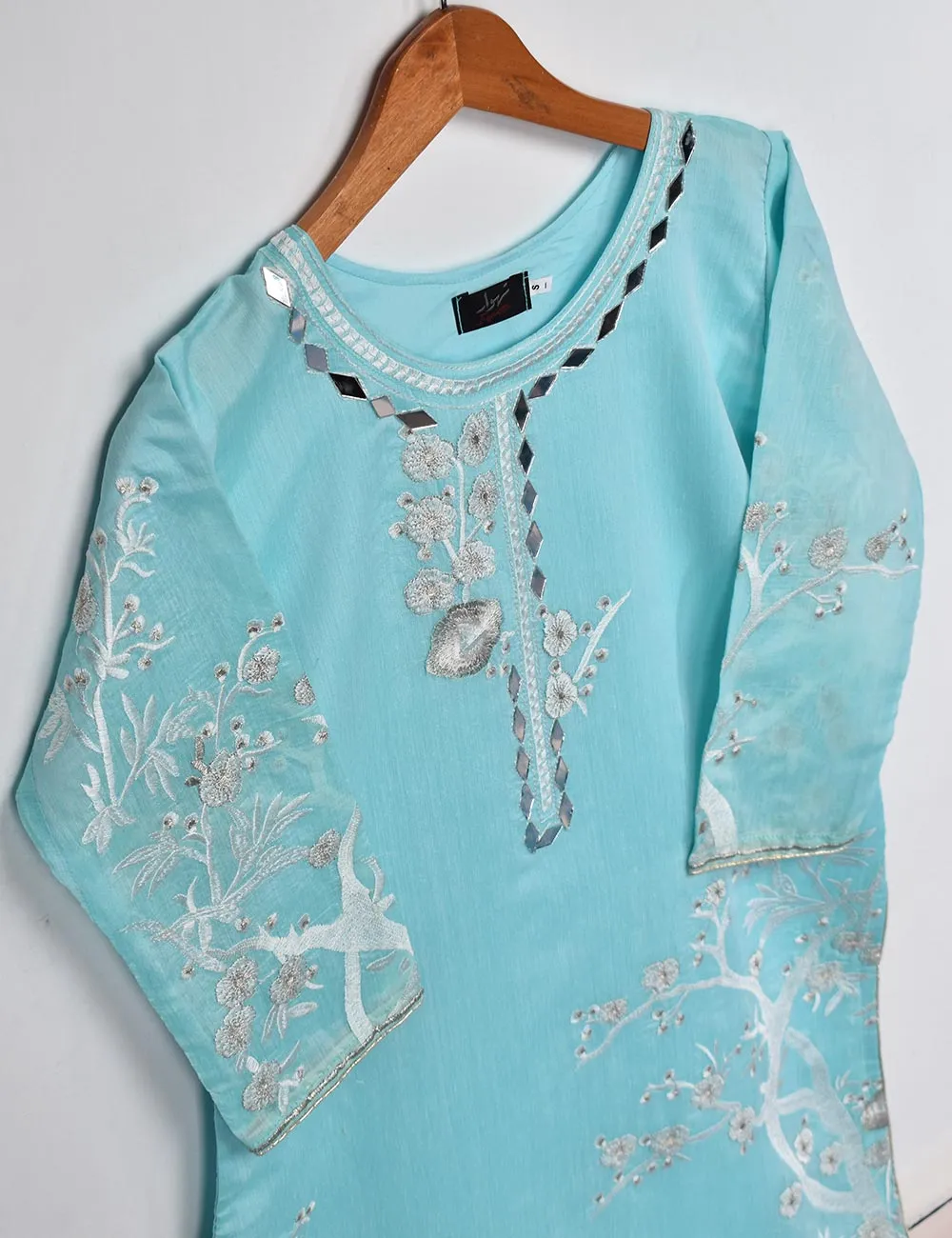 Semi Formal Paper Cotton Fabric Embroidered Stitched Kurti - Poetic Aura (T20-039A-SkyBlue)