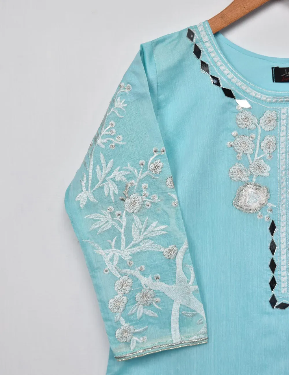 Semi Formal Paper Cotton Fabric Embroidered Stitched Kurti - Poetic Aura (T20-039A-SkyBlue)