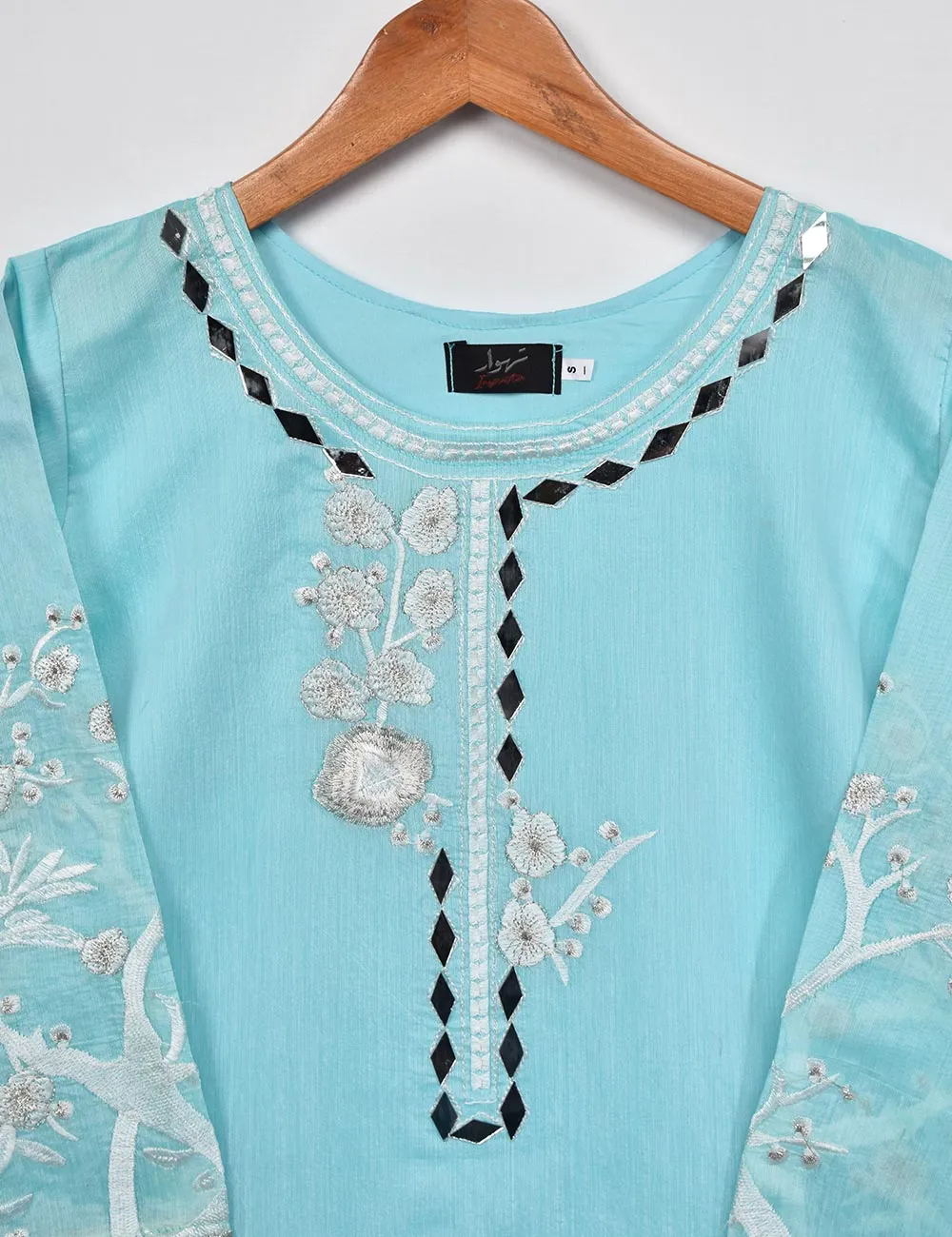 Semi Formal Paper Cotton Fabric Embroidered Stitched Kurti - Poetic Aura (T20-039A-SkyBlue)
