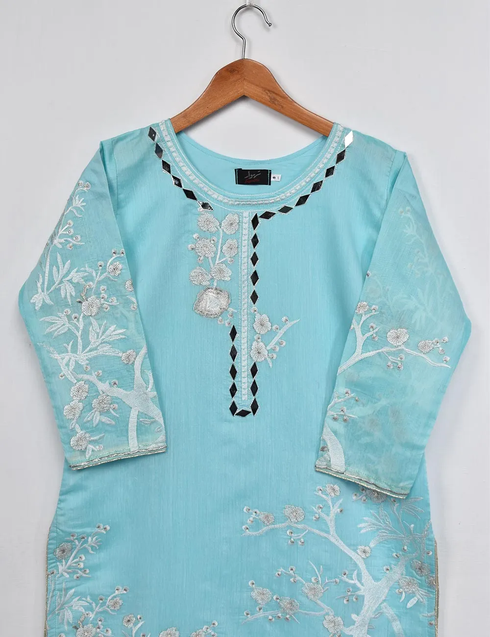 Semi Formal Paper Cotton Fabric Embroidered Stitched Kurti - Poetic Aura (T20-039A-SkyBlue)
