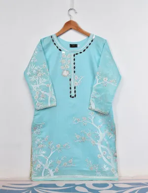Semi Formal Paper Cotton Fabric Embroidered Stitched Kurti - Poetic Aura (T20-039A-SkyBlue)