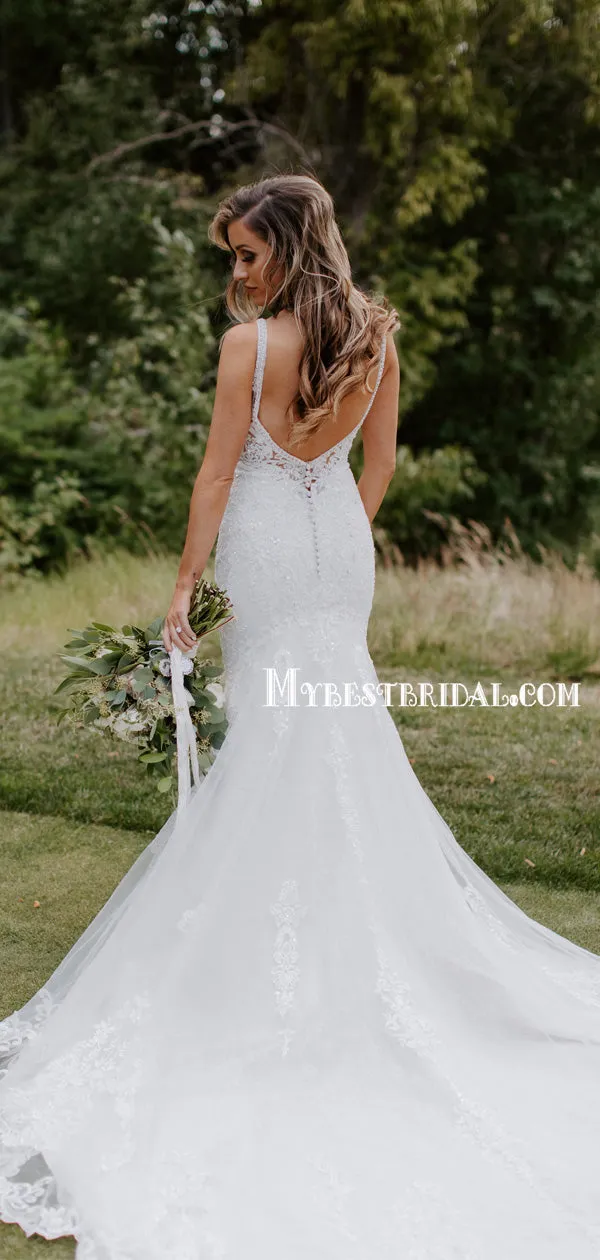 Sexy V-neck Mermaid Lace Open Back Long Wedding Dresses, WDS0070