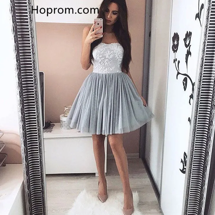 Short Homecoming Dress with Lace Applliques, Gray Tulle Homecoming Dresses