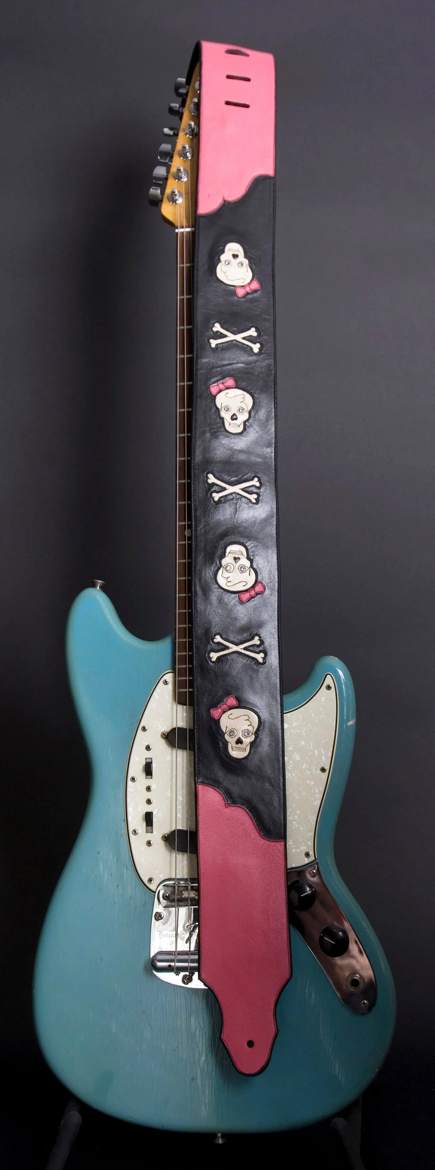 Skull Guitar Strap in Black & Pink Leather with Skulls