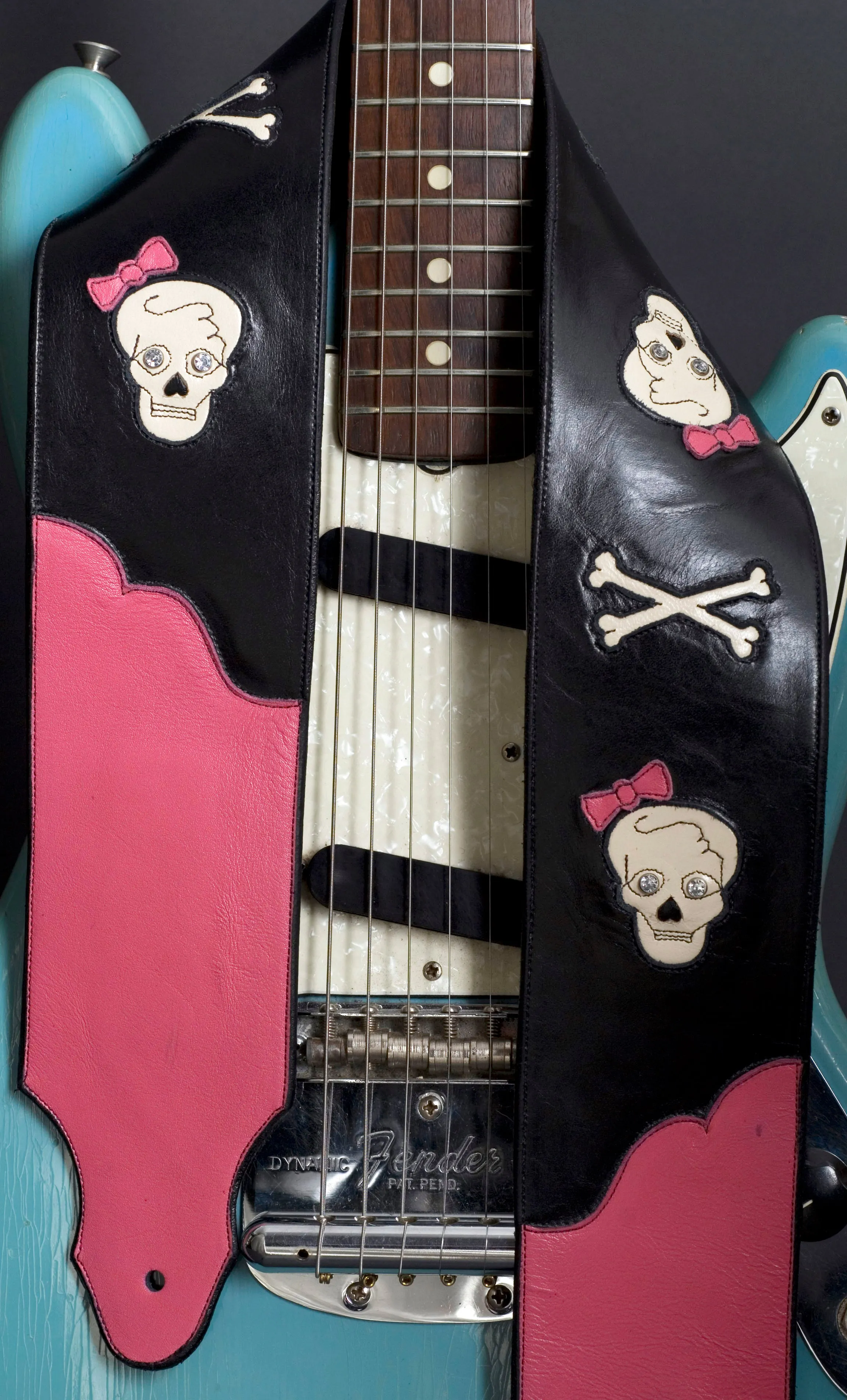Skull Guitar Strap in Black & Pink Leather with Skulls