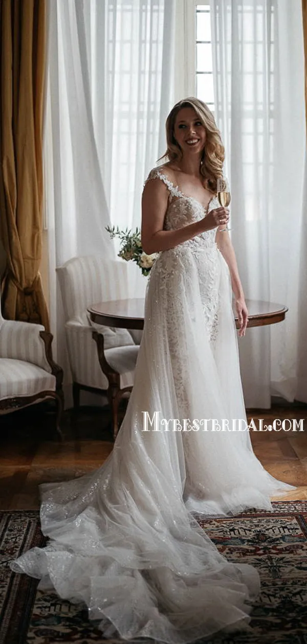Spaghetti Straps A-line Tulle Lace Long Wedding Dresses With Train. WDS0112