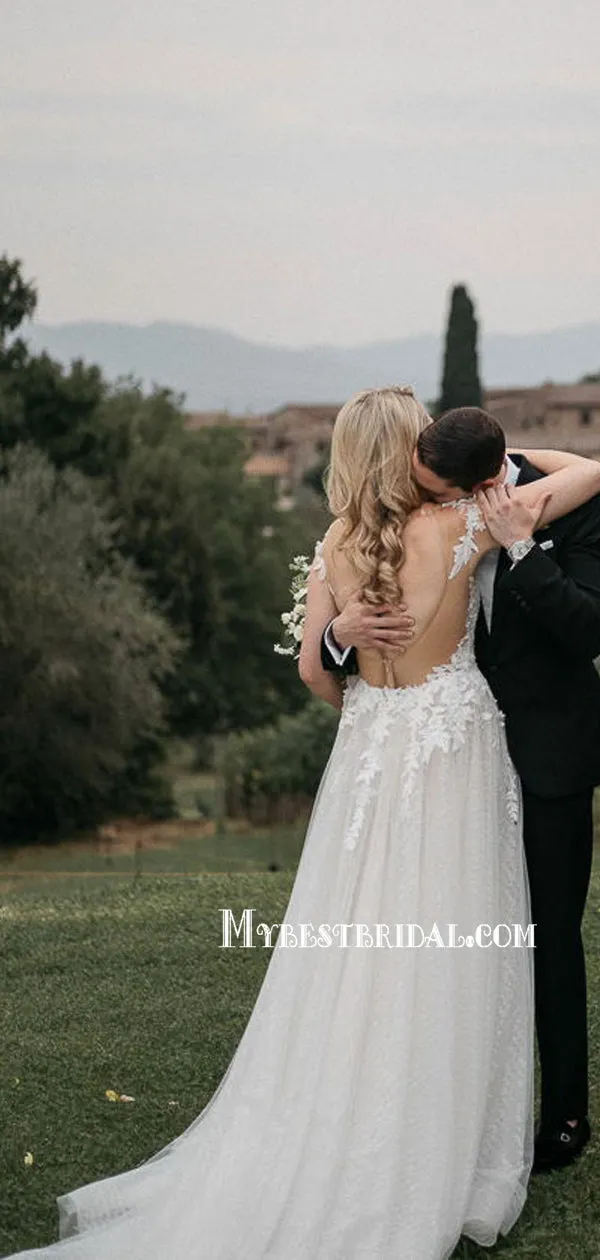 Spaghetti Straps A-line Tulle Lace Long Wedding Dresses With Train. WDS0112