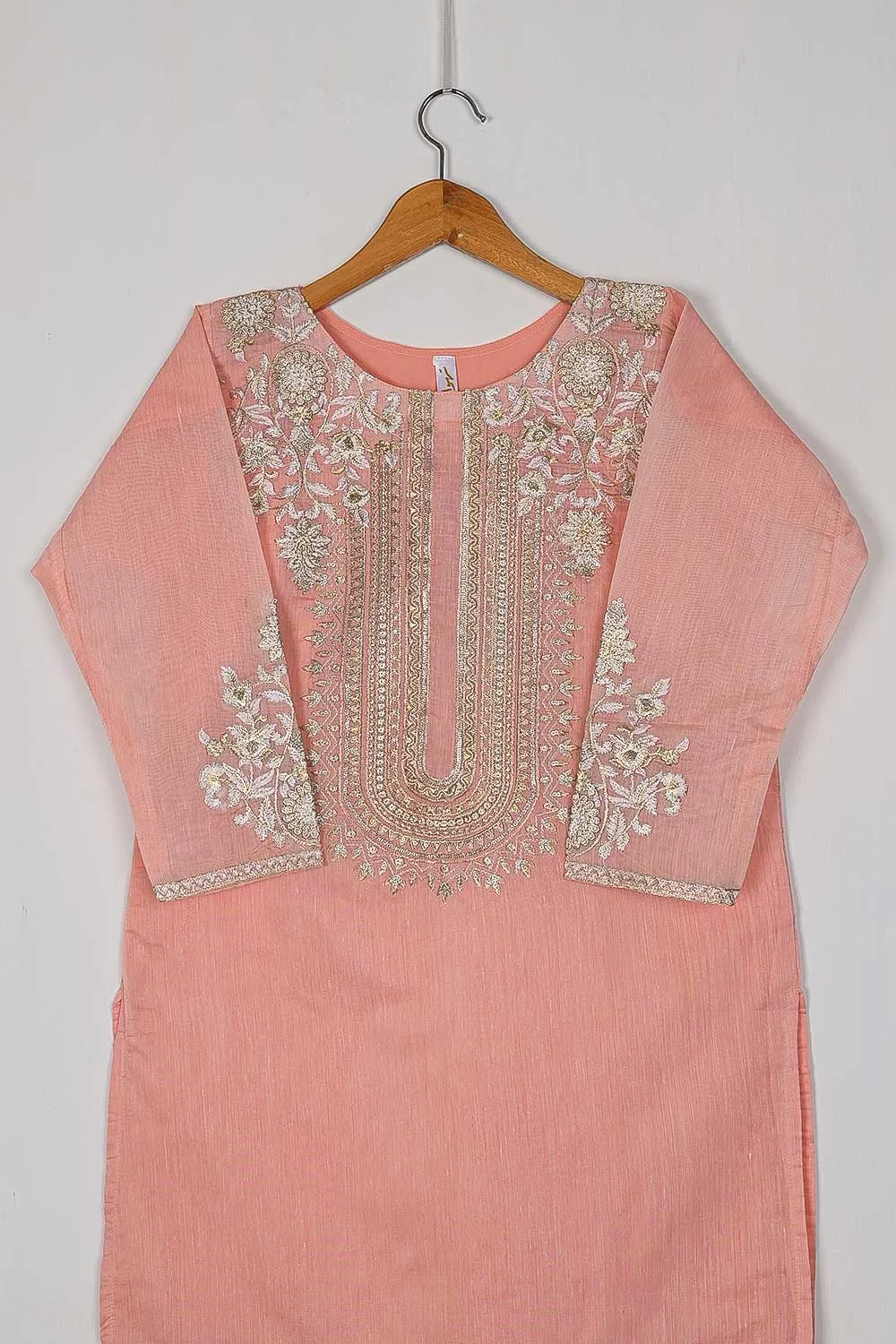 T20-040E-Pink - Equinox - Semi Formal Paper Cotton Embroidered Kurti