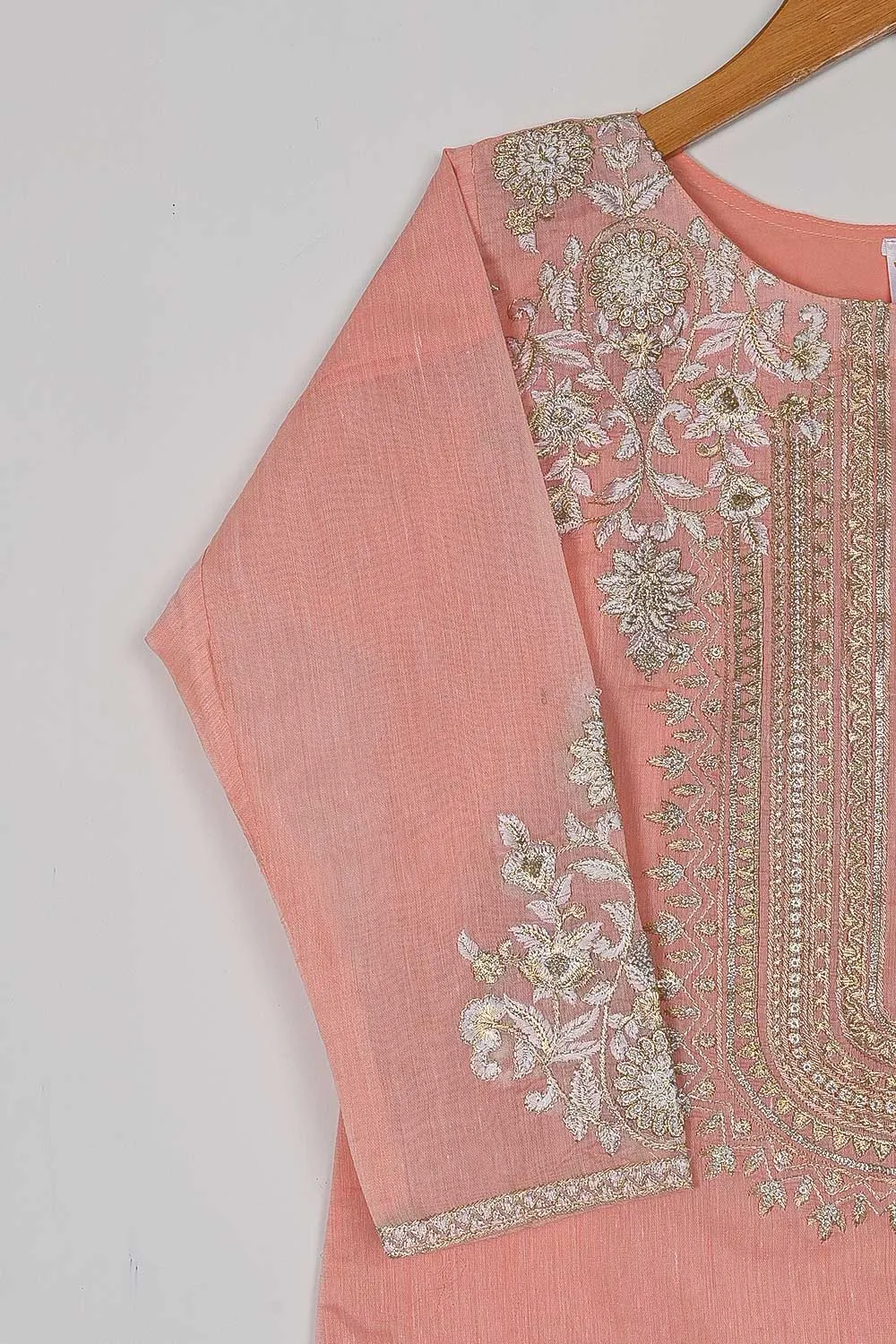 T20-040E-Pink - Equinox - Semi Formal Paper Cotton Embroidered Kurti