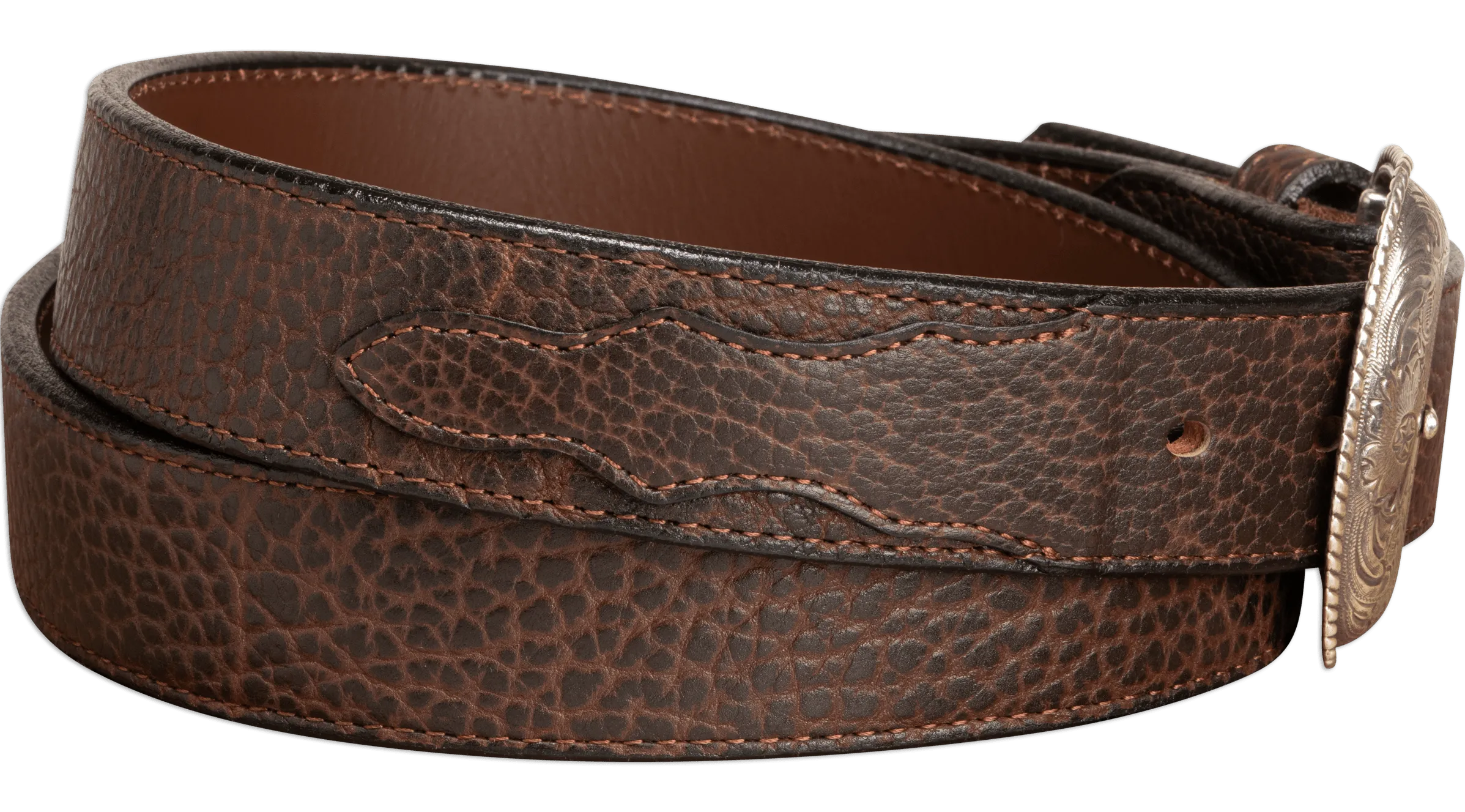 The Forester: Brown Stitched Western American Bison Belt - Scalloped Ends 1.50"