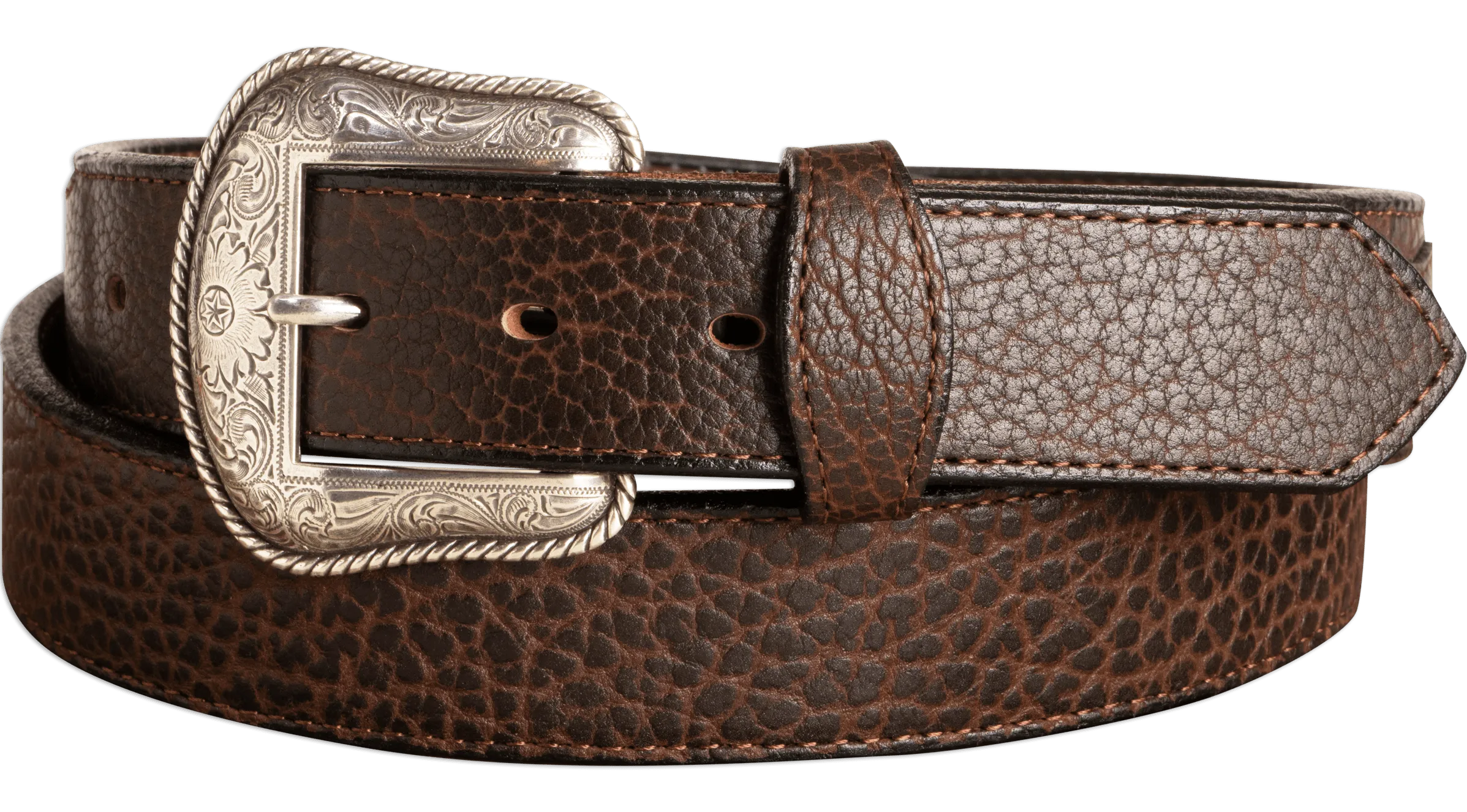 The Forester: Brown Stitched Western American Bison Belt - Scalloped Ends 1.50"