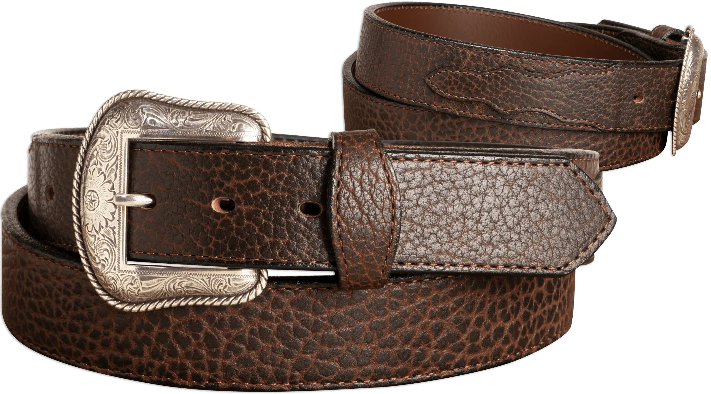 The Forester: Brown Stitched Western American Bison Belt - Scalloped Ends 1.50"