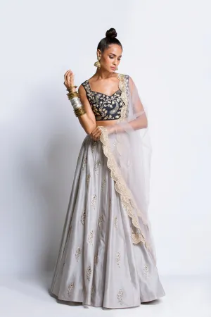 The Navy & Grey Feather Lehenga