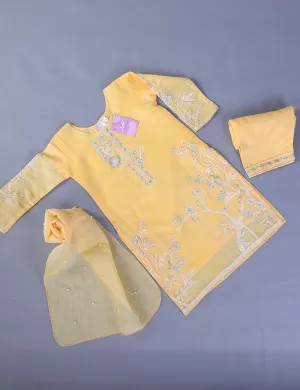TKF-01-Yellow - 3Pc Kids Formal Stitched Dress