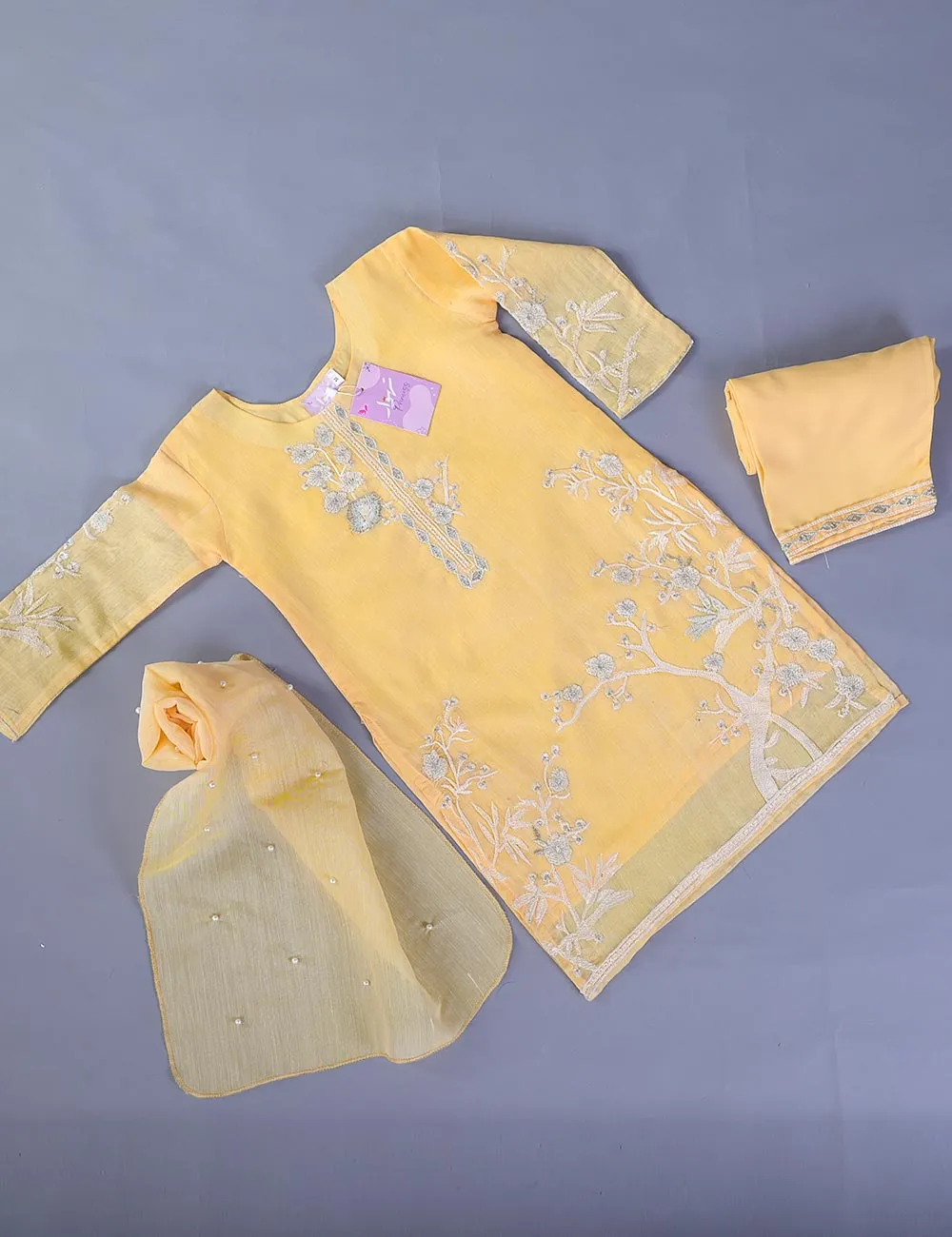 TKF-01-Yellow - 3Pc Kids Formal Stitched Dress