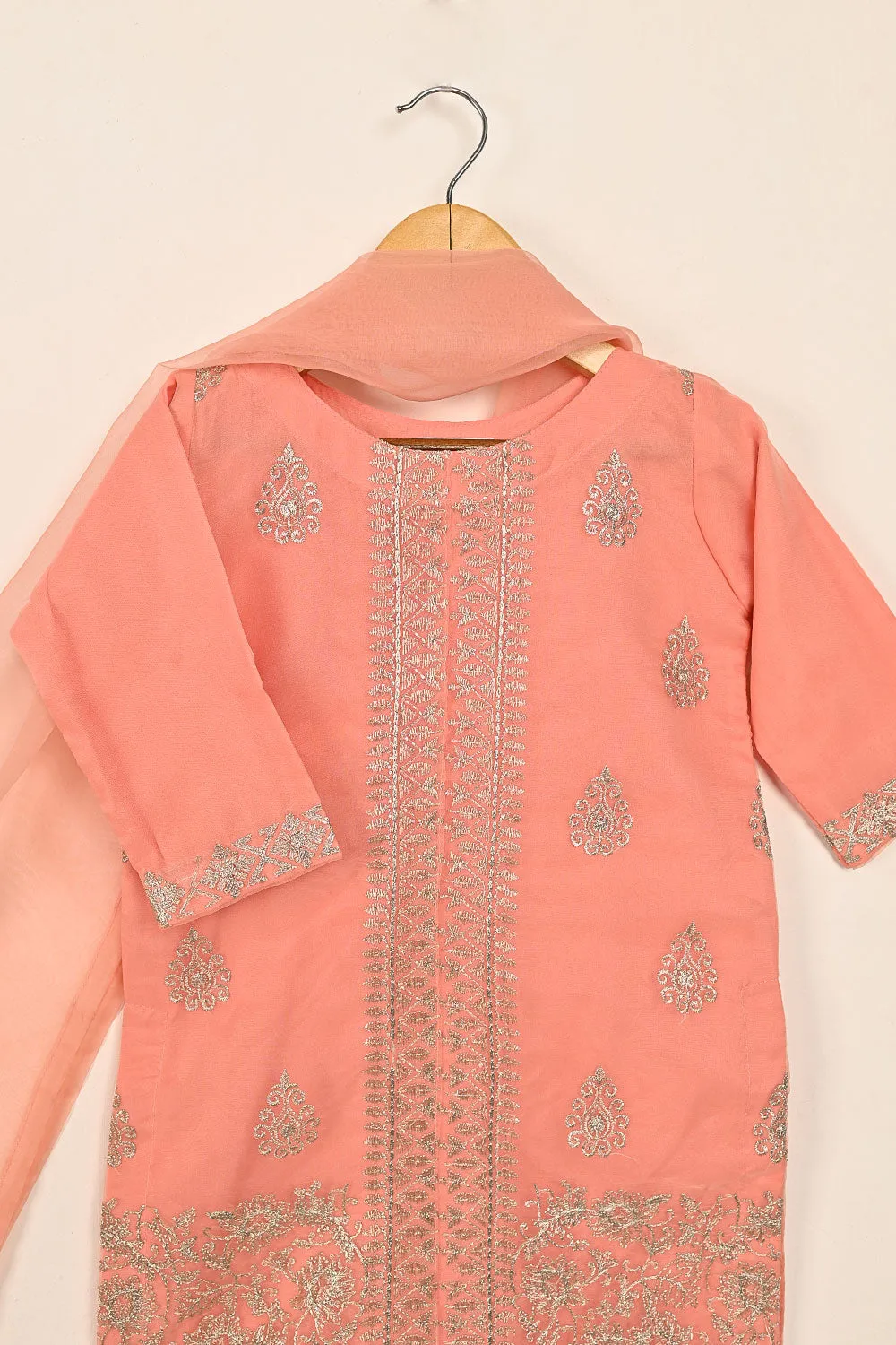 TKF-135-Peach - Kids 3Pc Ready to Wear Organza Formal Embroidered Dress