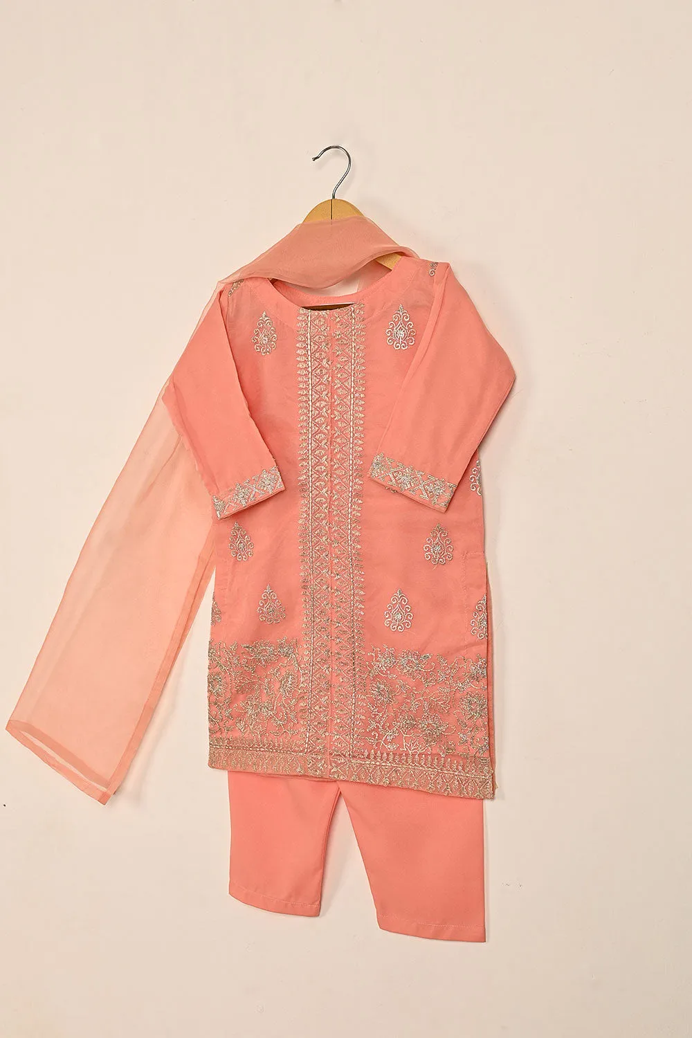 TKF-135-Peach - Kids 3Pc Ready to Wear Organza Formal Embroidered Dress