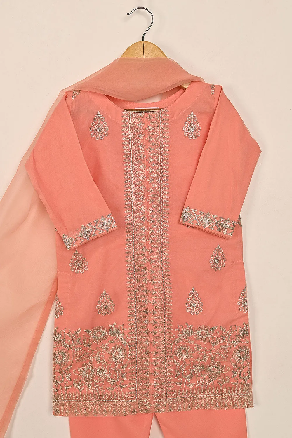 TKF-135-Peach - Kids 3Pc Ready to Wear Organza Formal Embroidered Dress