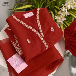TKF-141-Red - Kids 3Pc Organza Embroidered Formal Dress