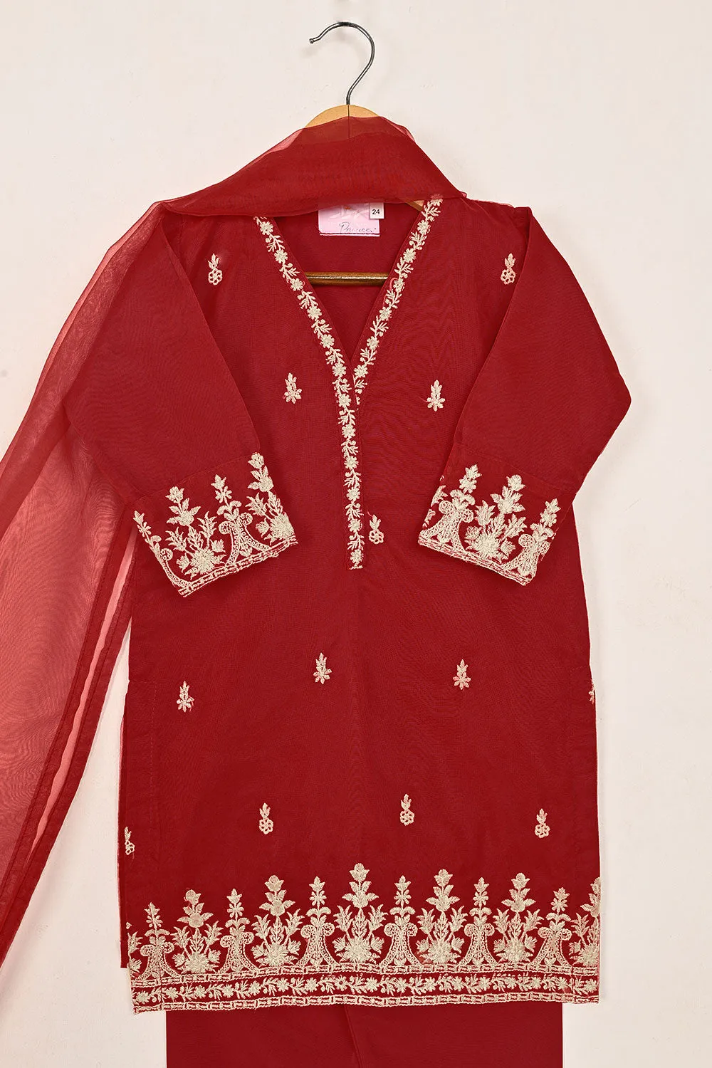 TKF-141-Red - Kids 3Pc Organza Embroidered Formal Dress