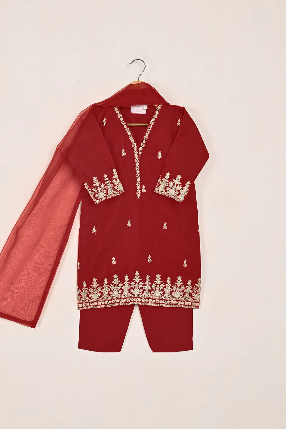 TKF-141-Red - Kids 3Pc Organza Embroidered Formal Dress