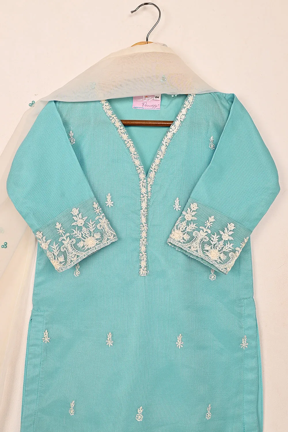 TKF-182-Sky Blue - Kids 3Pc Ready to Wear Javeria Net Embroidered Formal Dress