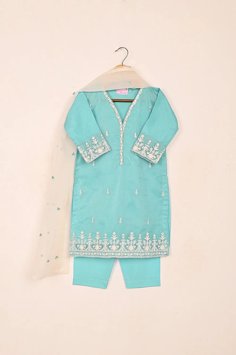 TKF-182-Sky Blue - Kids 3Pc Ready to Wear Javeria Net Embroidered Formal Dress