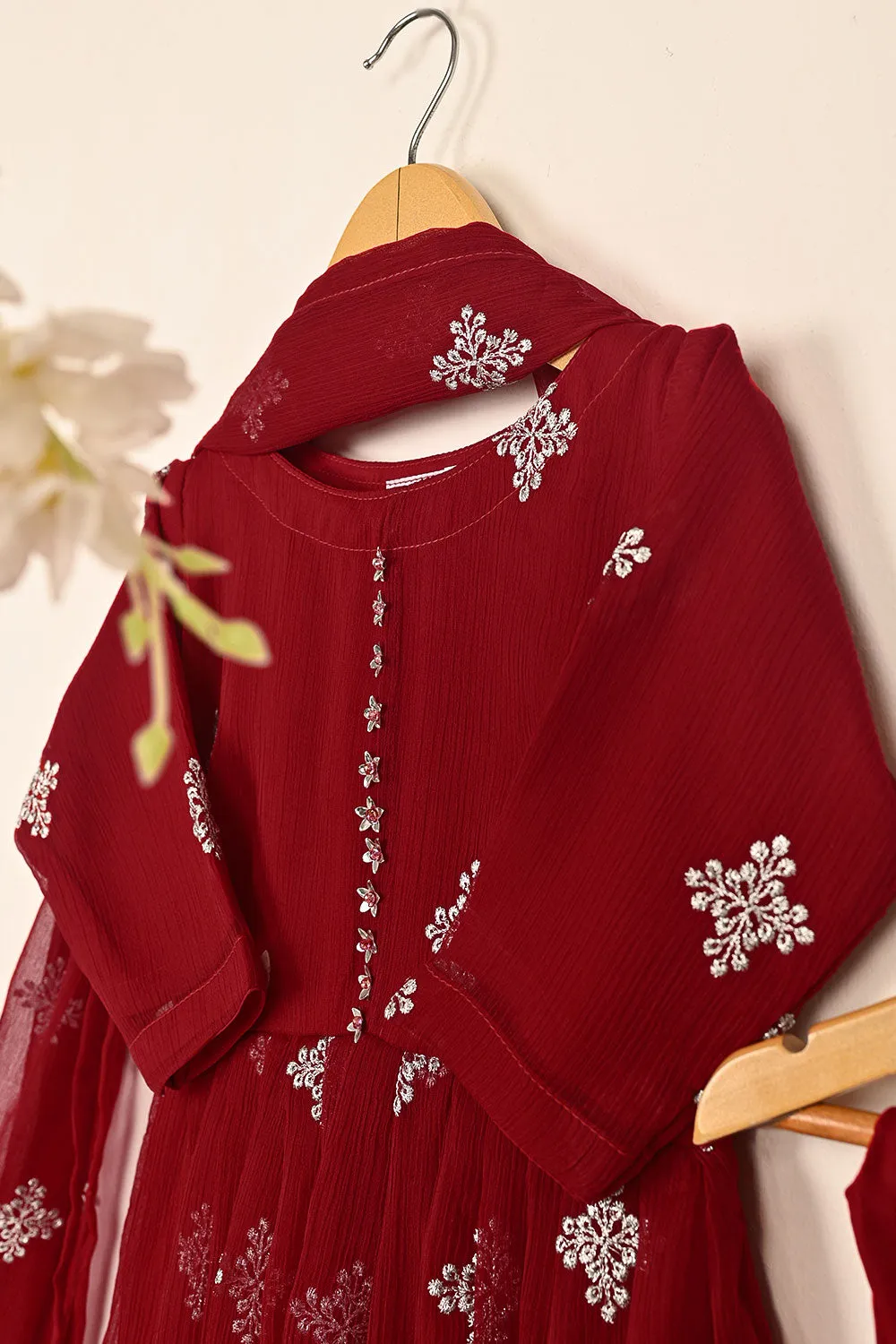 TKF-248-Red - Kids 3Pc Chiffon Embroidered Frock